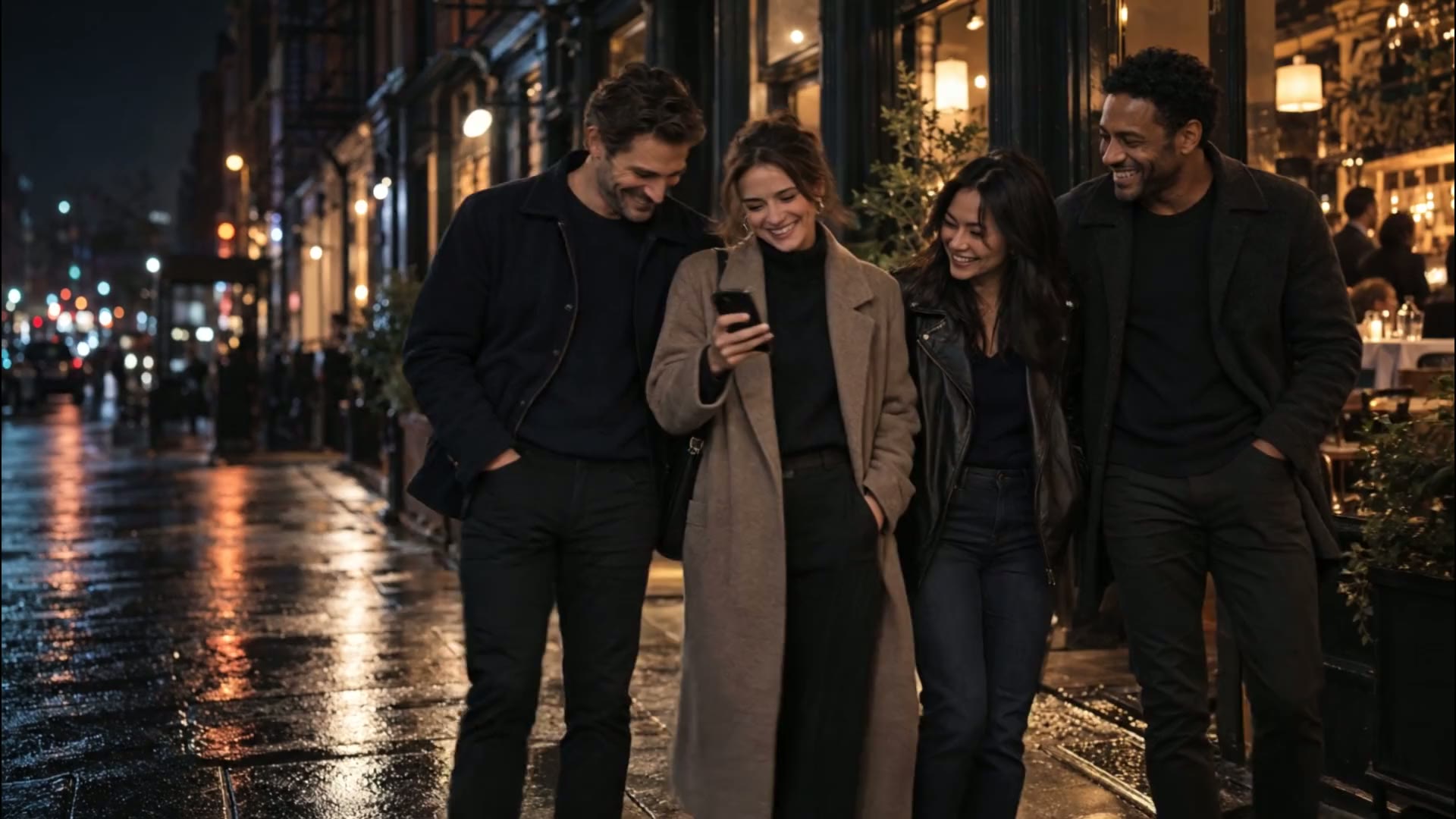 Friends walking together on a rainy New York street at night